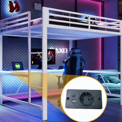 Lit mezzanine gaming en métal 160x200cm - avec bureau - avec éclairage LED et port de chargement USB - Blanc(sans matelas)
