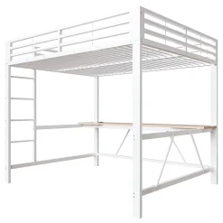 Lit mezzanine gaming en métal 160x200cm - avec bureau - avec éclairage LED et port de chargement USB - Blanc(sans matelas)