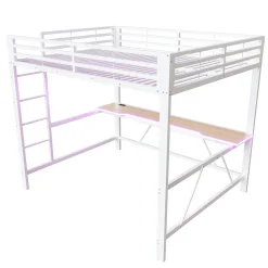 Lit mezzanine gaming en métal 160x200cm - avec bureau - avec éclairage LED et port de chargement USB - Blanc(sans matelas)