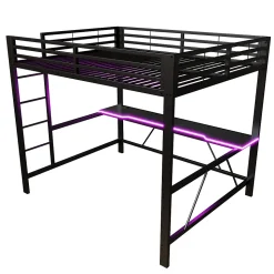Lit mezzanine gaming en métal 160x200cm - avec bureau - avec éclairage LED et port de chargement USB - Noir(sans matelas)
