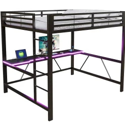 Lit mezzanine gaming en métal 160x200cm - avec bureau - avec éclairage LED et port de chargement USB - Noir(sans matelas)