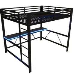 Lit mezzanine gaming en métal 160x200cm - avec bureau - avec éclairage LED et port de chargement USB - Noir(sans matelas)