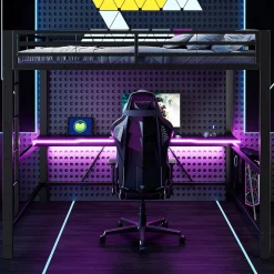 Lit mezzanine gaming en métal 160x200cm - avec bureau - avec éclairage LED et port de chargement USB - Noir(sans matelas)