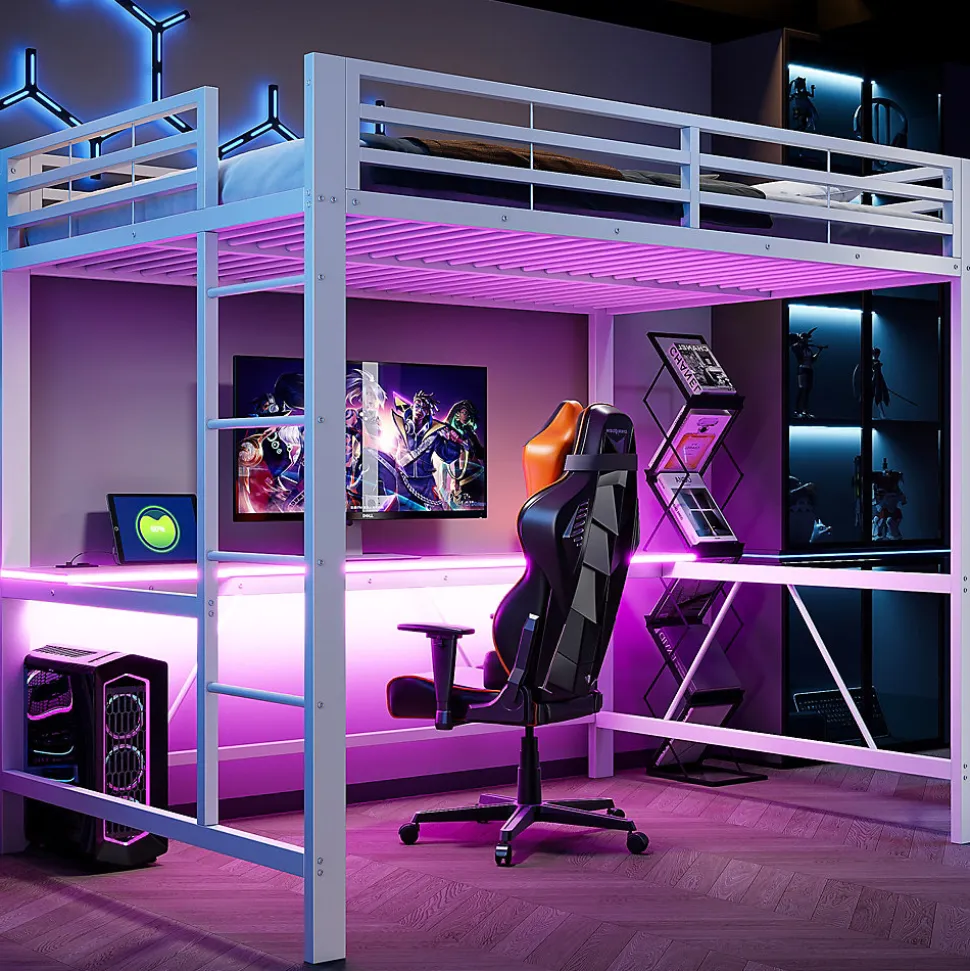 Lit mezzanine gaming en métal 140x200cm - avec bureau - avec éclairage LED et port de chargement USB - Blanc(sans matelas)