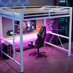 Lit mezzanine gaming en métal 140x200cm - avec bureau - avec éclairage LED et port de chargement USB - Blanc(sans matelas)