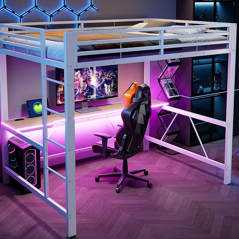 Lit mezzanine gaming en métal 140x200cm - avec bureau - avec éclairage LED et port de chargement USB - Blanc(sans matelas)