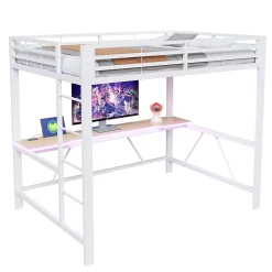 Lit mezzanine gaming en métal 140x200cm - avec bureau - avec éclairage LED et port de chargement USB - Blanc(sans matelas)
