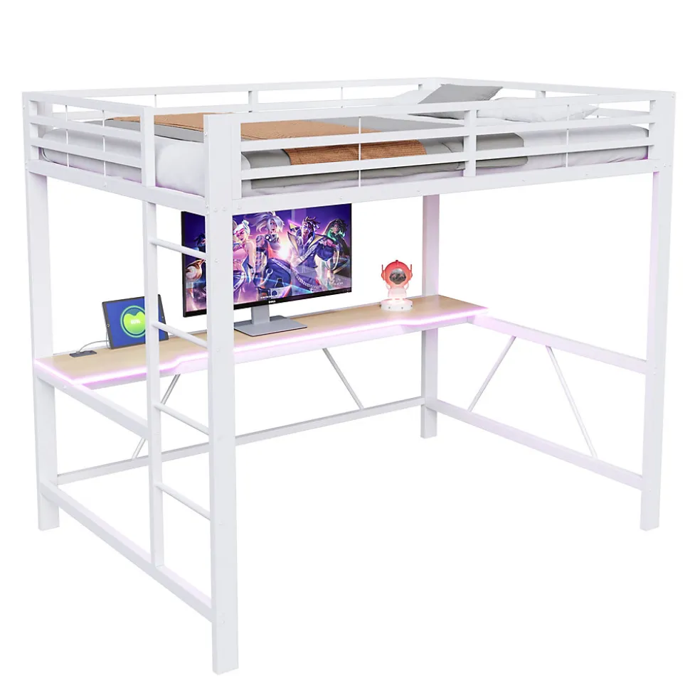 Lit mezzanine gaming en métal 140x200cm - avec bureau - avec éclairage LED et port de chargement USB - Blanc(sans matelas)