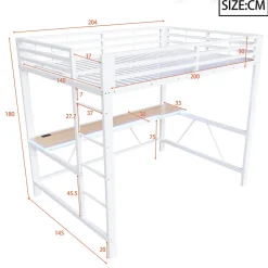 Lit mezzanine gaming en métal 140x200cm - avec bureau - avec éclairage LED et port de chargement USB - Blanc(sans matelas)