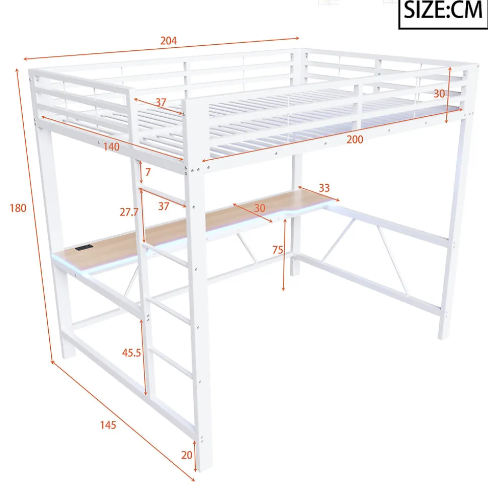 Lit mezzanine gaming en métal 140x200cm - avec bureau - avec éclairage LED et port de chargement USB - Blanc(sans matelas)
