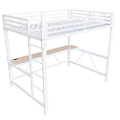 Lit mezzanine gaming en métal 140x200cm - avec bureau - avec éclairage LED et port de chargement USB - Blanc(sans matelas)