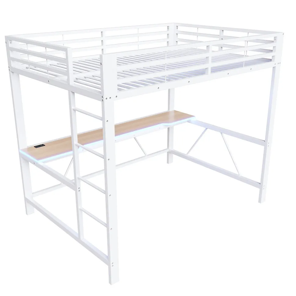 Lit mezzanine gaming en métal 140x200cm - avec bureau - avec éclairage LED et port de chargement USB - Blanc(sans matelas)