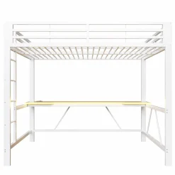 Lit mezzanine gaming en métal 140x200cm - avec bureau - avec éclairage LED et port de chargement USB - Blanc(sans matelas)