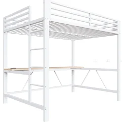 Lit mezzanine gaming en métal 140x200cm - avec bureau - avec éclairage LED et port de chargement USB - Blanc(sans matelas)