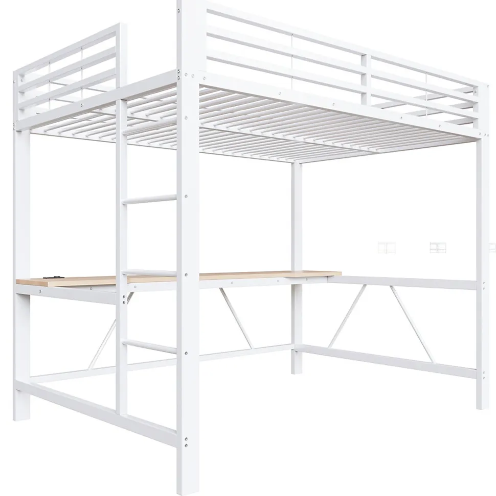 Lit mezzanine gaming en métal 140x200cm - avec bureau - avec éclairage LED et port de chargement USB - Blanc(sans matelas)