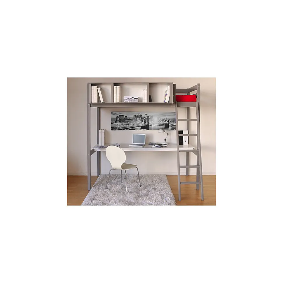 Lit mezzanine LOU 90x190 + 1 sommier + bureau + rangement 3 niches / Gris Taupe