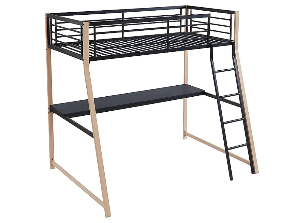 Lit mezzanine MALICIA - 90 x 190 cm - bureau intégré - Noir et chêne + matelas