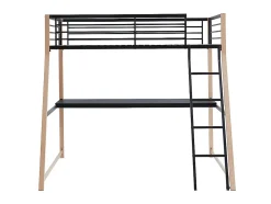 Lit mezzanine MALICIA - 90 x 190 cm - bureau intégré - Noir et chêne + matelas