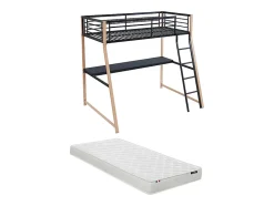 Lit mezzanine MALICIA - 90 x 190 cm - bureau intégré - Noir et chêne + matelas