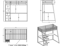 Lit mezzanine MALICIA - 90 x 190 cm - bureau intégré - Noir et blanc