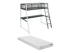 Lit mezzanine MALICIA - 90 x 190 cm - bureau intégré - Noir et blanc + matelas