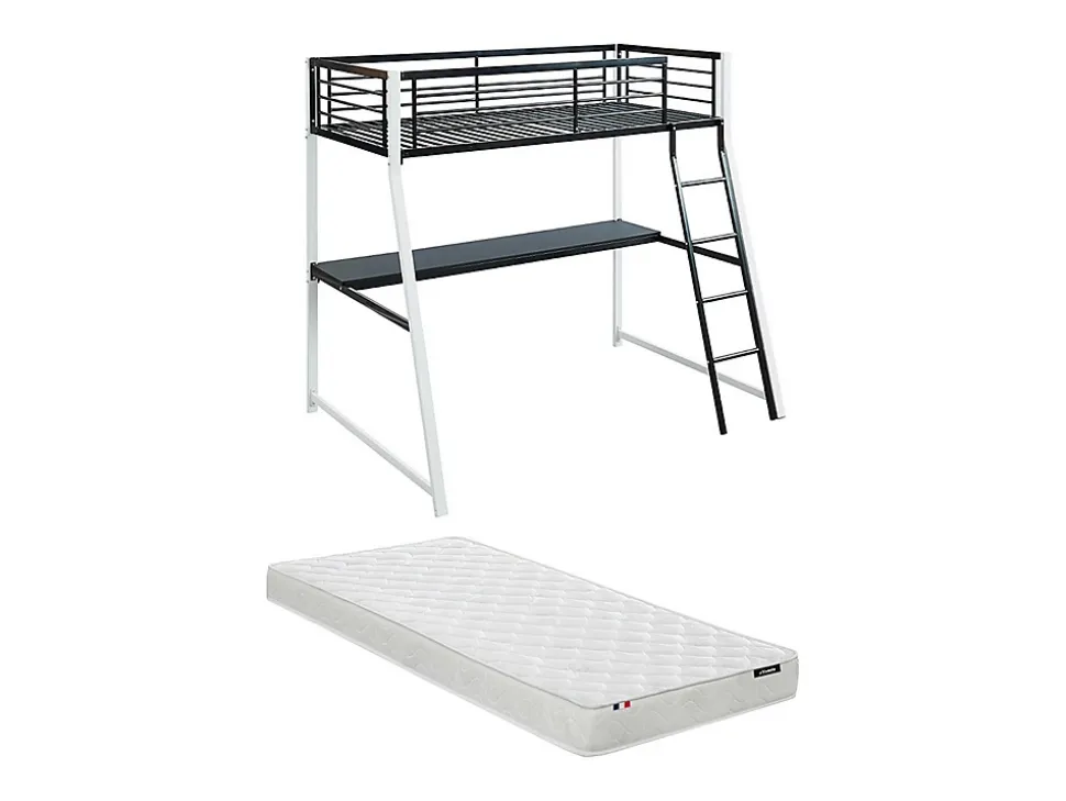 Lit mezzanine MALICIA - 90 x 190 cm - bureau intégré - Noir et blanc + matelas
