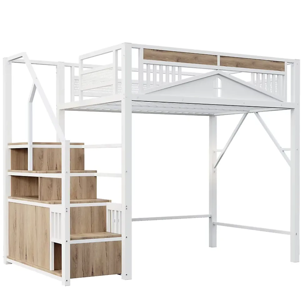 Lit Mezzanine Métal 140x200 cm avec Fenêtre et Garde-Corps - Blanc, Sans Matelas