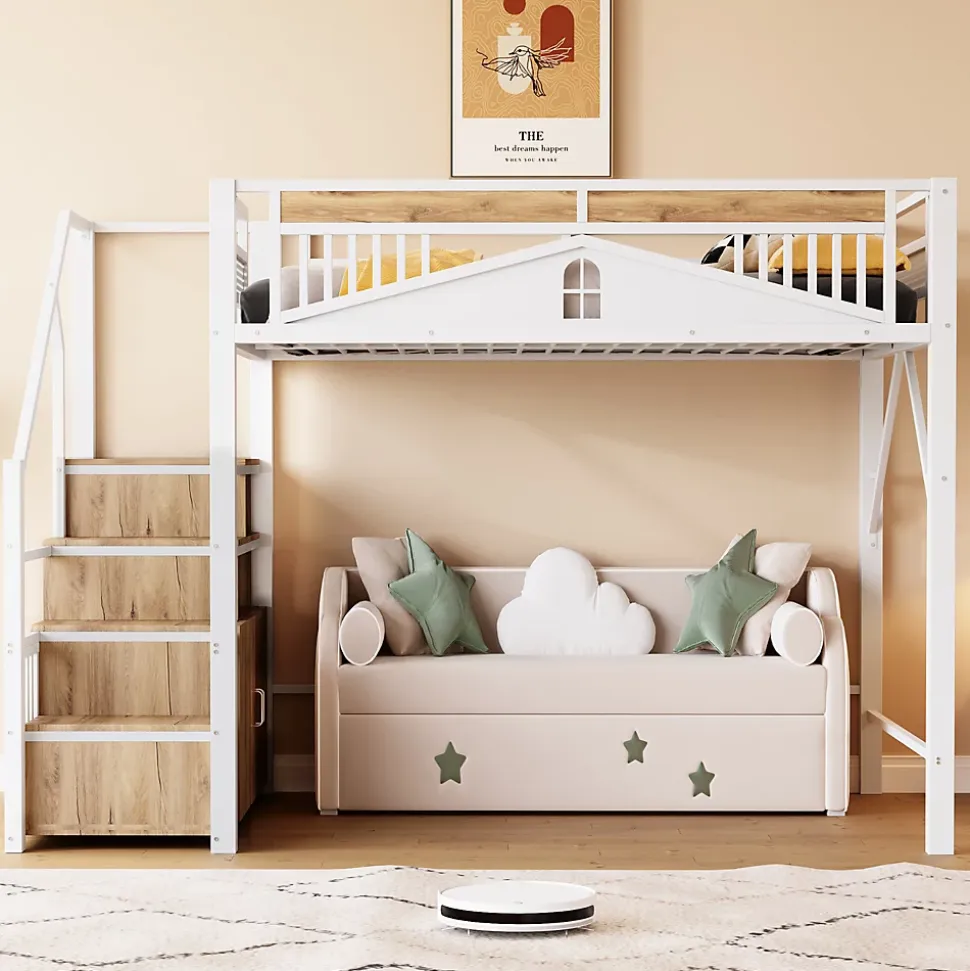 Lit Mezzanine Métal 140x200 cm avec Fenêtre et Garde-Corps - Blanc, Sans Matelas