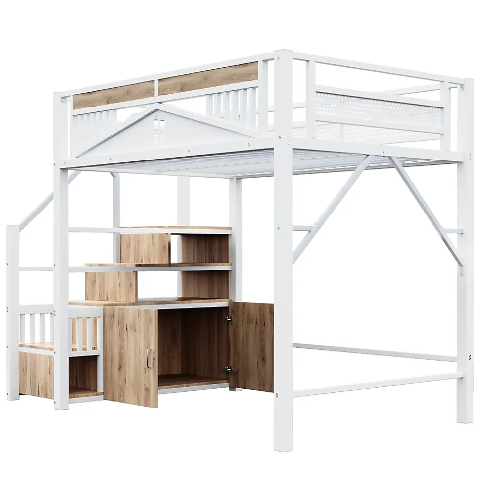 Lit Mezzanine Métal 140x200 cm avec Fenêtre et Garde-Corps - Blanc, Sans Matelas