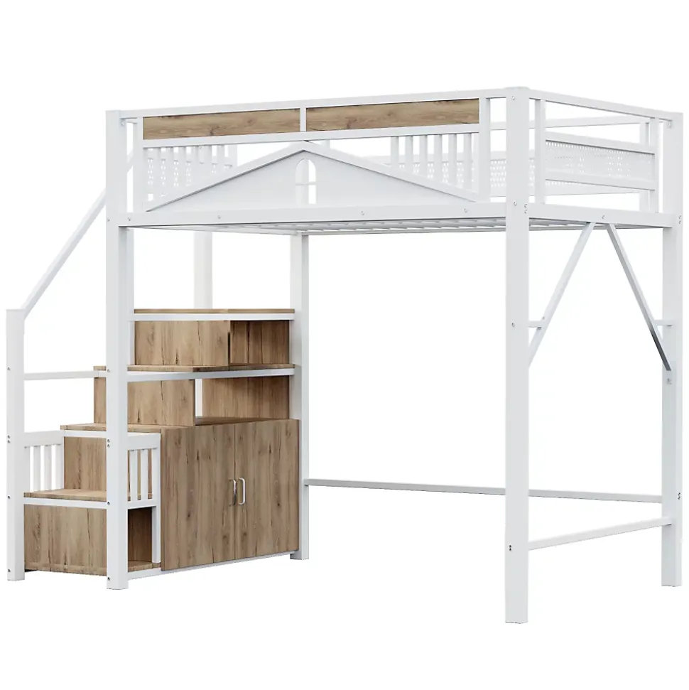 Lit Mezzanine Métal 140x200 cm avec Fenêtre et Garde-Corps - Blanc, Sans Matelas