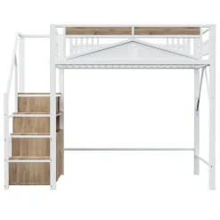 Lit Mezzanine Métal 140x200 cm avec Fenêtre et Garde-Corps - Blanc, Sans Matelas