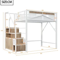 Lit Mezzanine Métal 140x200 cm avec Fenêtre et Garde-Corps - Blanc, Sans Matelas