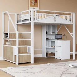 Lit Mezzanine Métal 140x200 cm avec Fenêtre et Garde-Corps - Blanc, Sans Matelas