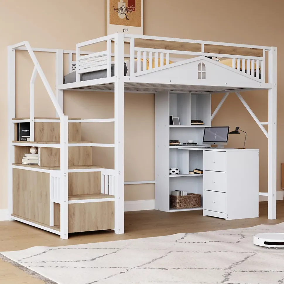 Lit Mezzanine Métal 140x200 cm avec Fenêtre et Garde-Corps - Blanc, Sans Matelas