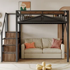 Lit Mezzanine Métal 140x200 cm avec Fenêtre et Garde-Corps - Noir, Sans Matelas