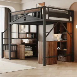 Lit Mezzanine Métal 140x200 cm avec Fenêtre et Garde-Corps - Noir, Sans Matelas