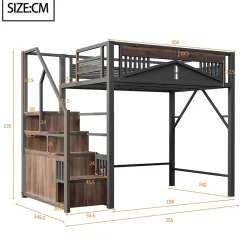 Lit Mezzanine Métal 140x200 cm avec Fenêtre et Garde-Corps - Noir, Sans Matelas