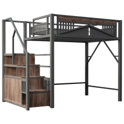 Lit Mezzanine Métal 140x200 cm avec Fenêtre et Garde-Corps - Noir, Sans Matelas