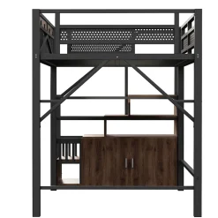 Lit Mezzanine Métal 140x200 cm avec Fenêtre et Garde-Corps - Noir, Sans Matelas