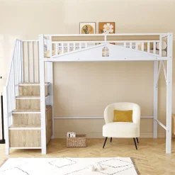 Lit Mezzanine Métal 90x200 cm avec Fenêtre Sécurisée et Escalier de Rangement - Métal Blanc