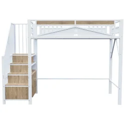 Lit Mezzanine Métal 90x200 cm avec Fenêtre Sécurisée et Escalier de Rangement - Métal Blanc