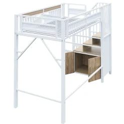Lit Mezzanine Métal 90x200 cm avec Fenêtre Sécurisée et Escalier de Rangement - Métal Blanc