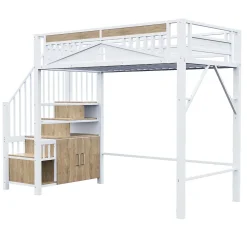 Lit Mezzanine Métal 90x200 cm avec Fenêtre Sécurisée et Escalier de Rangement - Métal Blanc