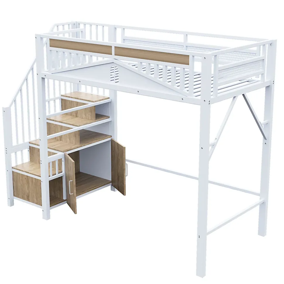 Lit Mezzanine Métal 90x200 cm avec Fenêtre Sécurisée et Escalier de Rangement - Métal Blanc