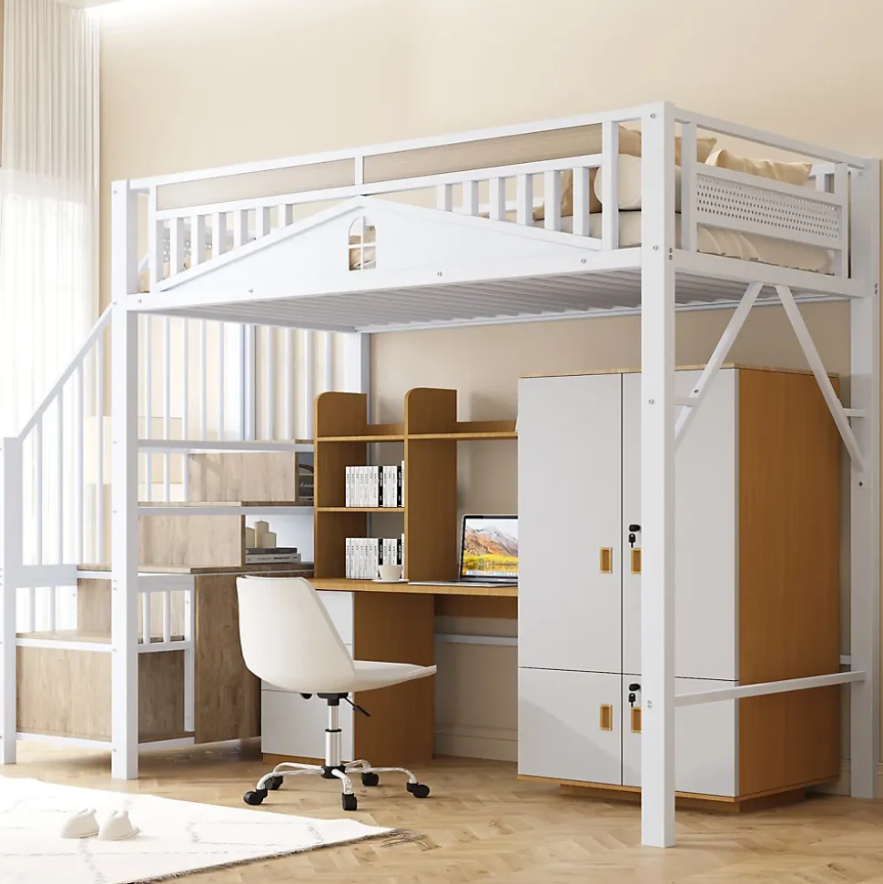 Lit Mezzanine Métal 90x200 cm avec Fenêtre Sécurisée et Escalier de Rangement - Métal Blanc