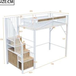 Lit Mezzanine Métal 90x200 cm avec Fenêtre Sécurisée et Escalier de Rangement - Métal Blanc