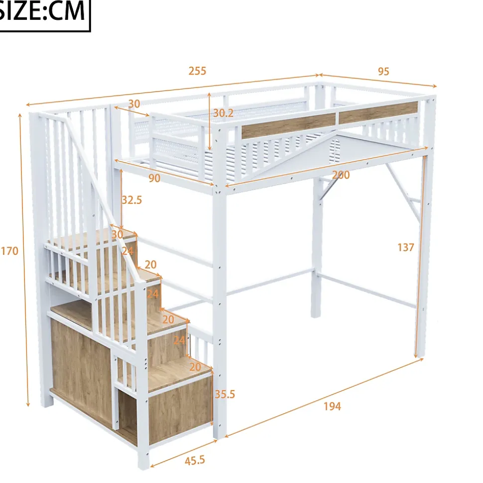 Lit Mezzanine Métal 90x200 cm avec Fenêtre Sécurisée et Escalier de Rangement - Métal Blanc