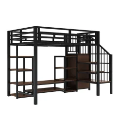 Lit Mezzanine Métal 90x200 cm enfant avec Escalier Sécurisé, Rangement et Support TV - Noir