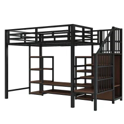 Lit Mezzanine Métal 90x200 cm enfant avec Escalier Sécurisé, Rangement et Support TV - Noir