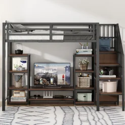 Lit Mezzanine Métal 90x200 cm enfant avec Escalier Sécurisé, Rangement et Support TV - Noir